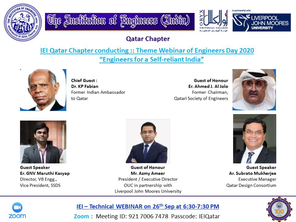 IEI Qatar Chapter Conducting  :: Theme Webinar of Engineers Day 2020  "Engineers for a Self-reliant India"